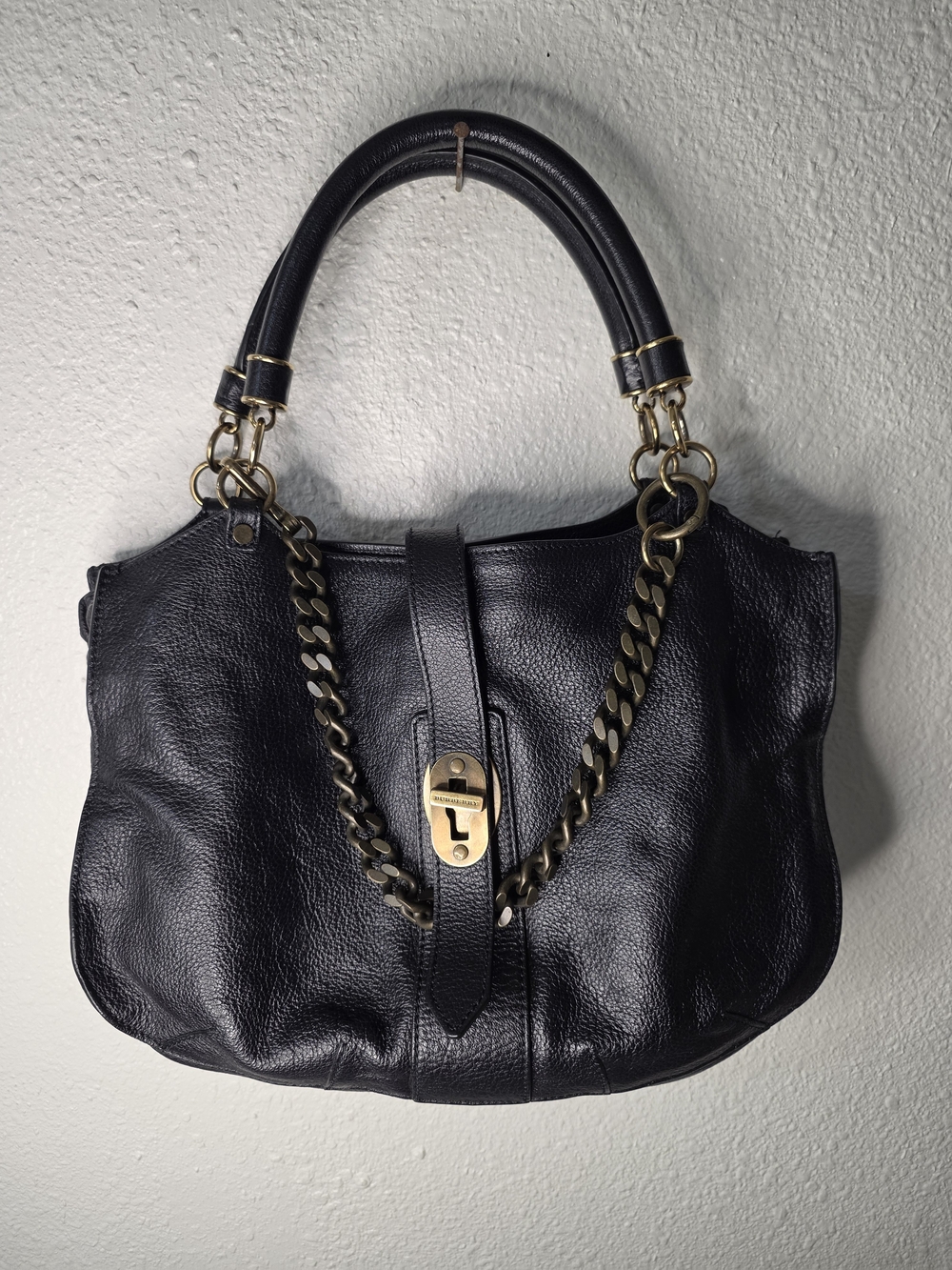 Classic Black Leather Tote Bag with Gold Chain Hardware
